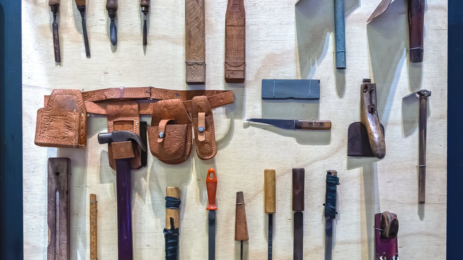 Traditional boatbuilding hand tools laid out